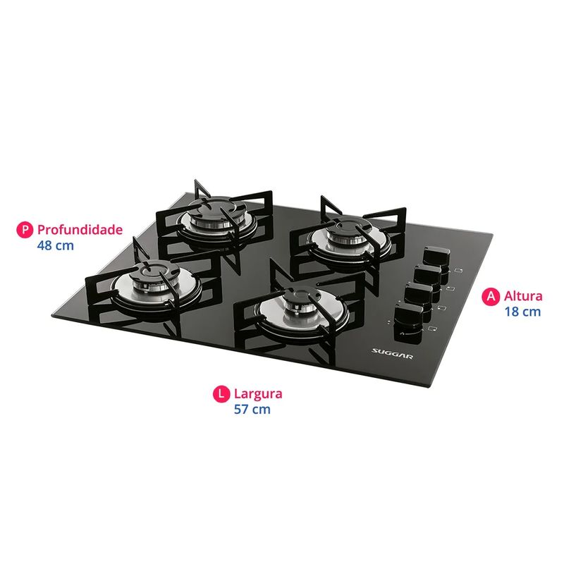Cooktop-4-Bocas-Suggar-com-dimensoes-descritas-como-altura-largura-e-profundidade