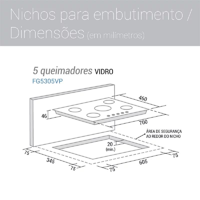 Desenho técnico do cooktop 5 bocas suggar