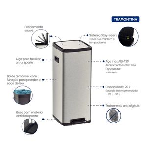 Lixeira Tramontina Inox com Balde Removível e Pedal 20L 94544/420