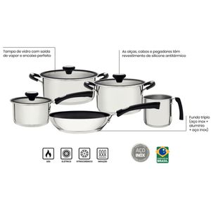 Conjunto de Panelas Tramontina Solar Silicone Com Fundo Triplo 5 Peças Inox 65120/040