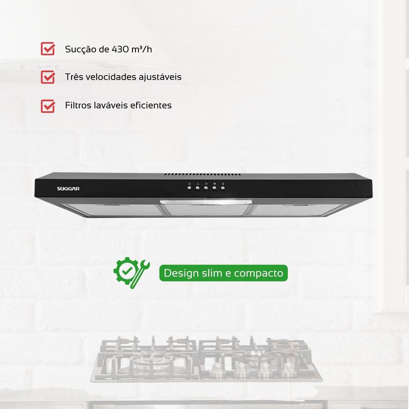 Depurador de Ar Suggar Slim 80 cm Preto 110V, Design Compacto, Succao Eficiente, Remove Odores, Modelo DPS181PT.jpg
