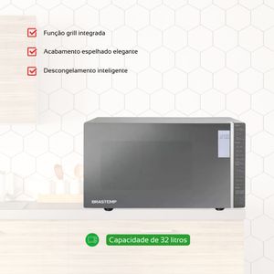 Micro-ondas Brastemp de Bancada Espelhado Grill 32L Inox 110V, Design Inovador e Função Grill, Modelo BMG45ARANA